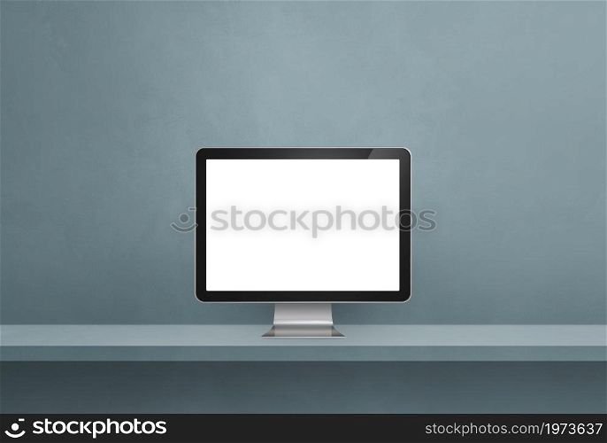 Computer pc - grey wall shelf banner. 3D Illustration. Computer pc on grey shelf banner