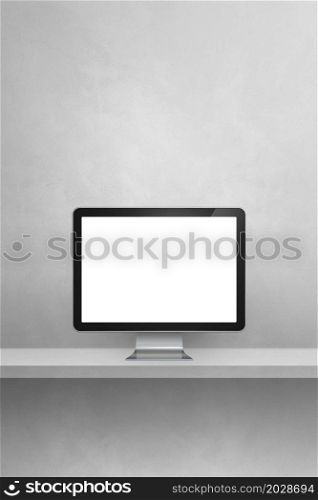 Computer pc - grey wall shelf. Vertical background. 3D Illustration. Computer pc on grey shelf. Vertical background