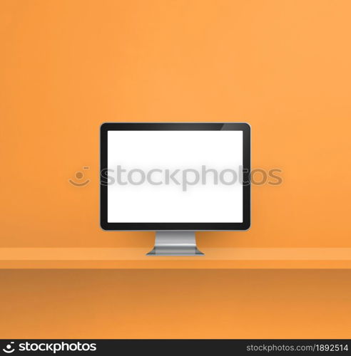 Computer pc - orange wall shelf background. 3D Illustration. Computer pc on orange shelf background