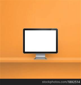 Computer pc - orange wall shelf background. 3D Illustration. Computer pc on orange shelf background
