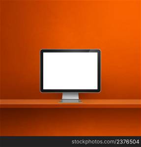 Computer pc - orange wall shelf background. 3D Illustration. Computer pc on orange shelf background