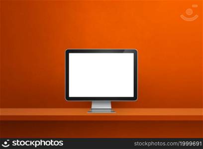 Computer pc - orange wall shelf banner. 3D Illustration. Computer pc on orange shelf banner