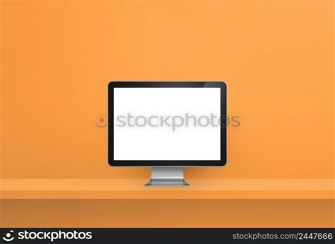 Computer pc - orange wall shelf banner. 3D Illustration. Computer pc on orange shelf banner