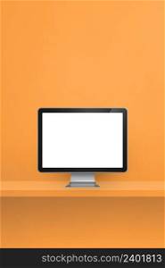 Computer pc - orange wall shelf. Vertical background. 3D Illustration. Computer pc on orange shelf. Vertical background