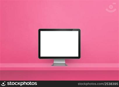Computer pc - pink wall shelf banner. 3D Illustration. Computer pc on pink shelf banner