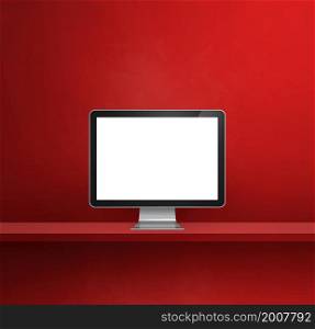 Computer pc - red wall shelf background. 3D Illustration. Computer pc on red shelf background