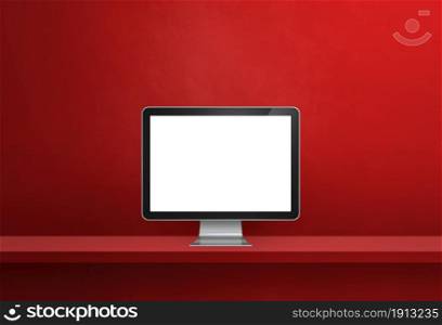 Computer pc - red wall shelf banner. 3D Illustration. Computer pc on red shelf banner
