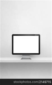 Computer pc - white concrete wall shelf. Vertical background. 3D Illustration. Computer pc on white concrete shelf. Vertical background