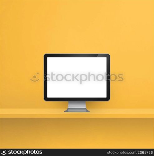 Computer pc - yellow wall shelf background. 3D Illustration. Computer pc on yellow shelf background