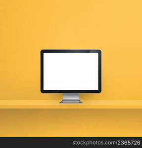 Computer pc - yellow wall shelf background. 3D Illustration. Computer pc on yellow shelf background