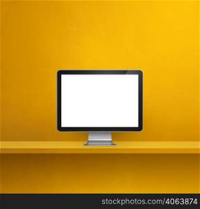 Computer pc - yellow wall shelf background. 3D Illustration. Computer pc on yellow shelf background