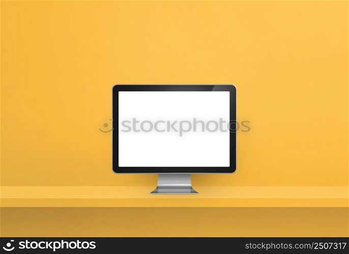 Computer pc - yellow wall shelf banner. 3D Illustration. Computer pc on yellow shelf banner
