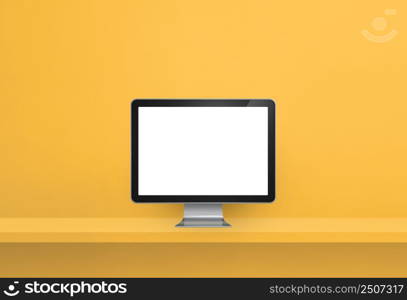 Computer pc - yellow wall shelf banner. 3D Illustration. Computer pc on yellow shelf banner