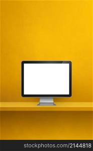 Computer pc - yellow wall shelf. Vertical background. 3D Illustration. Computer pc on yellow shelf. Vertical background