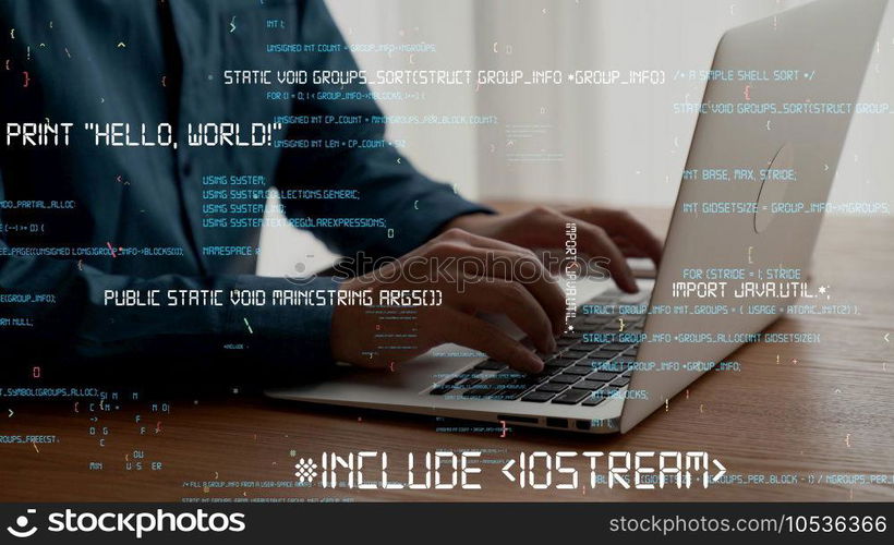 Computer programmer uses capable laptop computer to develop programming code of new software . Computer specialist working on future coding application for software programming development .. Computer programmer uses capable laptop computer to develop programming code