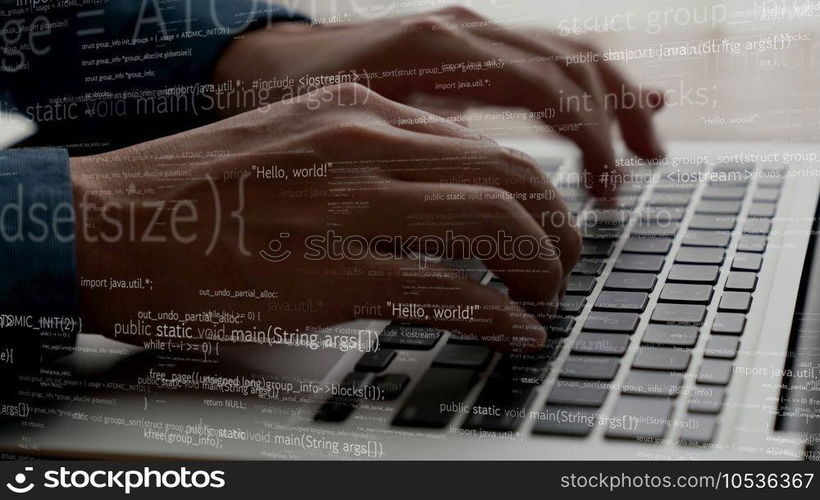 Computer programmer uses capable laptop computer to develop programming code of new software . Computer specialist working on future coding application for software programming development .. Computer programmer uses capable laptop computer to develop programming code