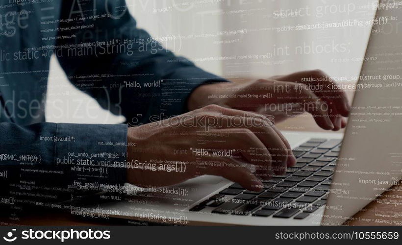 Computer programmer uses capable laptop computer to develop programming code of new software . Computer specialist working on future coding application for software programming development .. Computer programmer uses capable laptop computer to develop programming code