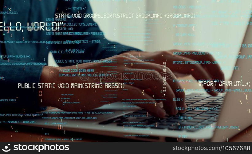 Computer programmer uses capable laptop computer to develop programming code of new software . Computer specialist working on future coding application for software programming development .. Computer programmer uses capable laptop computer to develop programming code