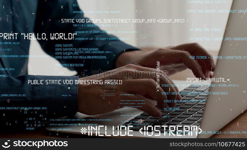 Computer programmer uses capable laptop computer to develop programming code of new software . Computer specialist working on future coding application for software programming development .. Computer programmer uses capable laptop computer to develop programming code