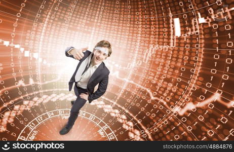 Computer safety. Young cheerful man with tie around head against binary background