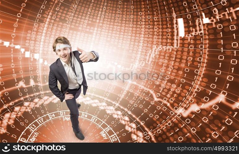 Computer safety. Young cheerful man with tie around head against binary background