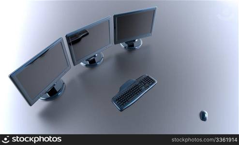 computer, screen, keyboard, and mouse on grey metal plate