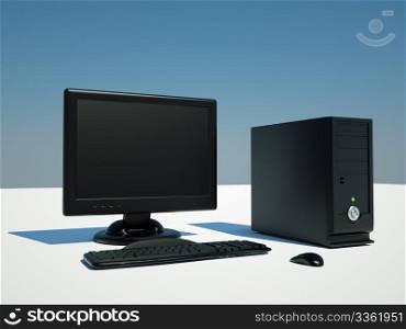 computer, screen, keyboard, and mouse on white background