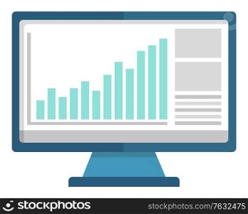 Computer screen with diagrams and data information isolated. Financial report on display, graphs and data analysis, blue monitor icon. Vector illustration in flat cartoon style. Computer Screen with Diagrams and Data Information