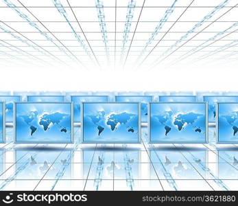 Computer screens with an image of the world on them>