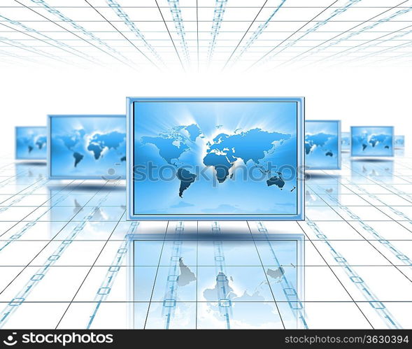Computer screens with an image of the world on them>