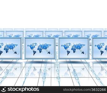Computer screens with an image of the world on them>