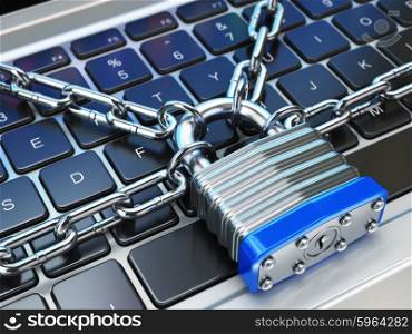 Computer security or safety concept. Laptop keyboard with lock and chain. 3d