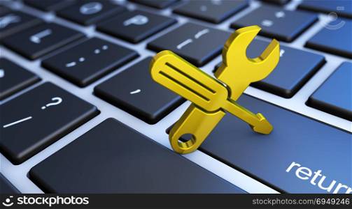 Computer service and assistance concept with a golden work tool icon on a laptop keyboard 3D illustration.