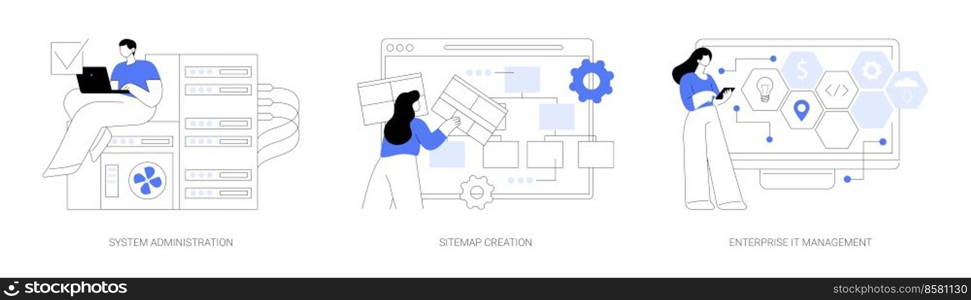 Computer systems abstract concept vector illustration set. System administration, sitemap creation, enterprise IT management, website optimization, IT software solutions abstract metaphor.. Computer systems abstract concept vector illustrations.