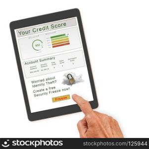Computer tablet or smartphone with  credit score report and senior hand about to press button to freeze the record. Isolated against white background. Computer tablet with with credit report and freeze button