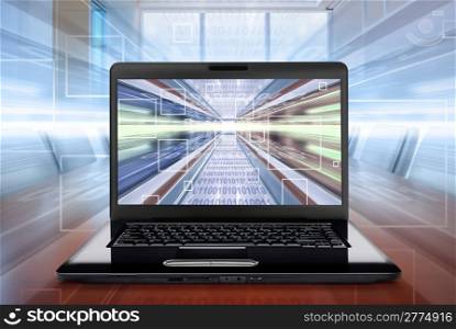 computer technology background with laptop. Digital illustration.
