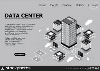 Computer technology isometric icon, server room, digital device set, element for design, pc laptop, server, cloud storage, vector illustration