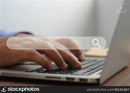 Computer technology, searching for information in the internet, social networks. Search Engine Optimization Woman&rsquo;s hand using computer keyboard to search for information Using Search Console with your website