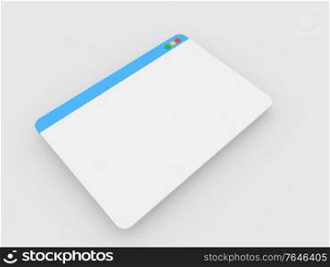 Computer web browser on a white background. 3d render illustration.. Computer web browser on a white background.