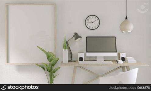 computer with blank screen and decoration in office room mock up background.3D rendering
