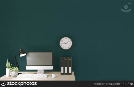 computer with blank screen and decoration in office room mock up background.3D rendering