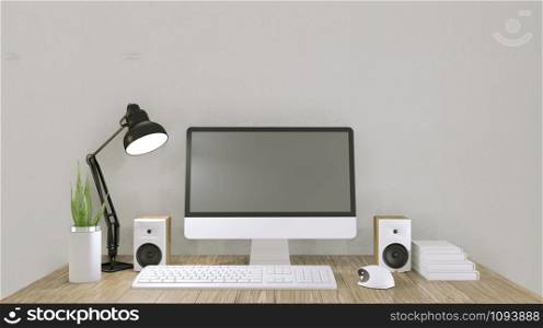 computer with blank screen and decoration in office room mock up background.3D rendering