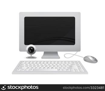 Computer with keyboard, mouse and webcam isolated on white background