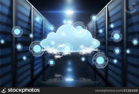 computing and technology concept - virtual cloud hologram over futuristic server room background. virtual cloud hologram over futuristic server room