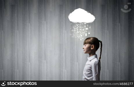 Computing concept. Side view of cute girl and media cloud above her head