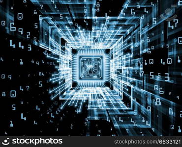 Computing Machine series. 3D illustration of CPU with fractal environment in perspective suitable as a backdrop for the projects on computer science, digital world, virtual reality and modern technology