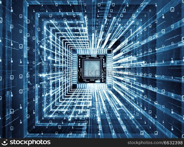 Computing Machine series. Creative arrangement of CPU with fractal environment in perspective as a concept metaphor on subject of computer science, digital world, virtual reality and modern technology