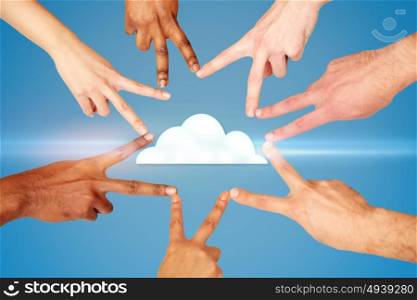 computing, tachnology, data and people concept - group of hands showing peace hand sign over blue background with cloud icon. hands showing peace hand sign over cloud icon