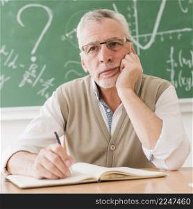 concentrated aged math teacher thinking desk