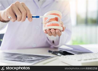 Concentrated dentist sitting at table with jaw samples tooth model in dental office professional dental clinic.
